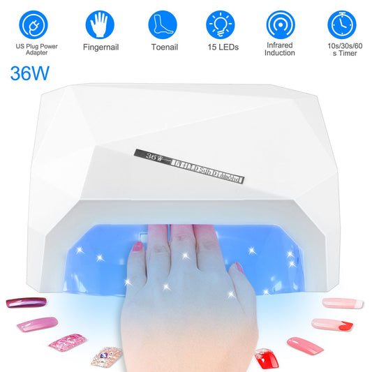36W UV LED nail lamp for curing fingernail and toenail gels, featuring 15 LEDs and an infrared induction sensor, with adjustable timer settings of 10s, 30s, and 60s.