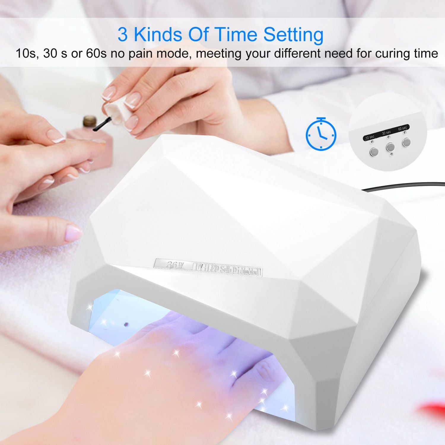 White LED nail lamp with three time settings (10s, 30s, 60s) in use, curing a woman's manicure with sparkling effects.