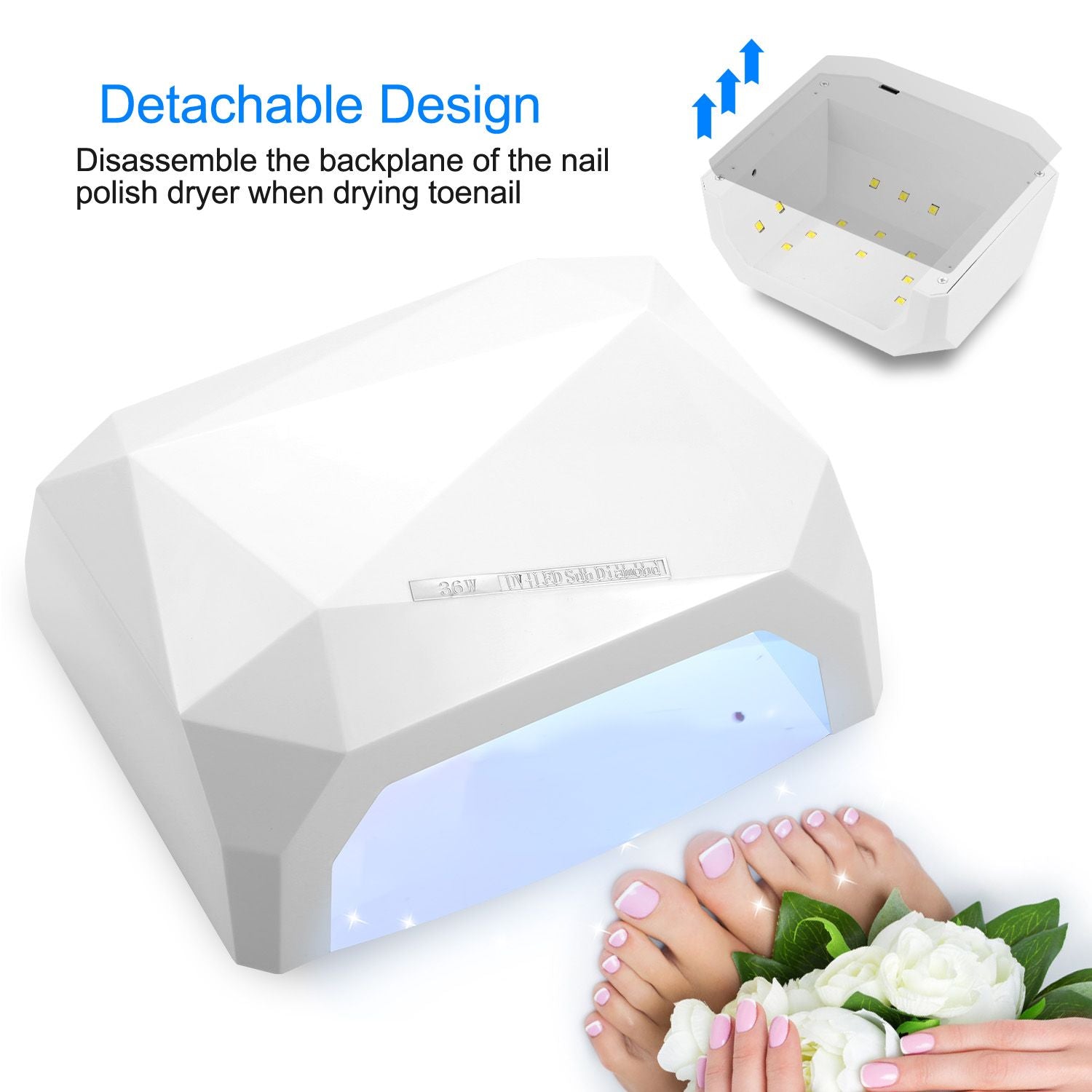 Stylish white diamond-shaped nail polish dryer with detachable components, designed for efficient and quick drying of manicured nails.