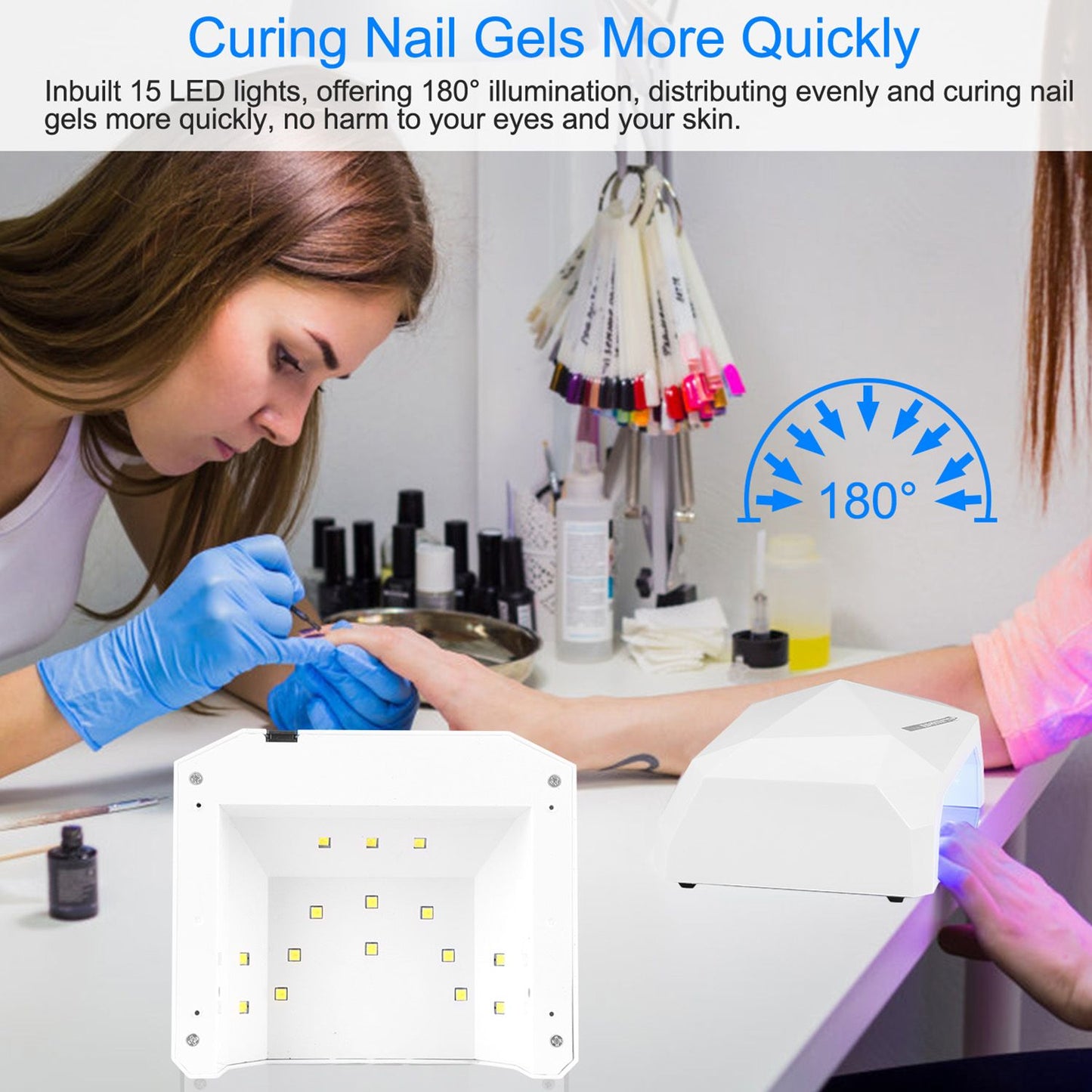 LED nail lamp for quick gel curing, featuring 15 lights for 180° illumination; ideal for professional nail care.