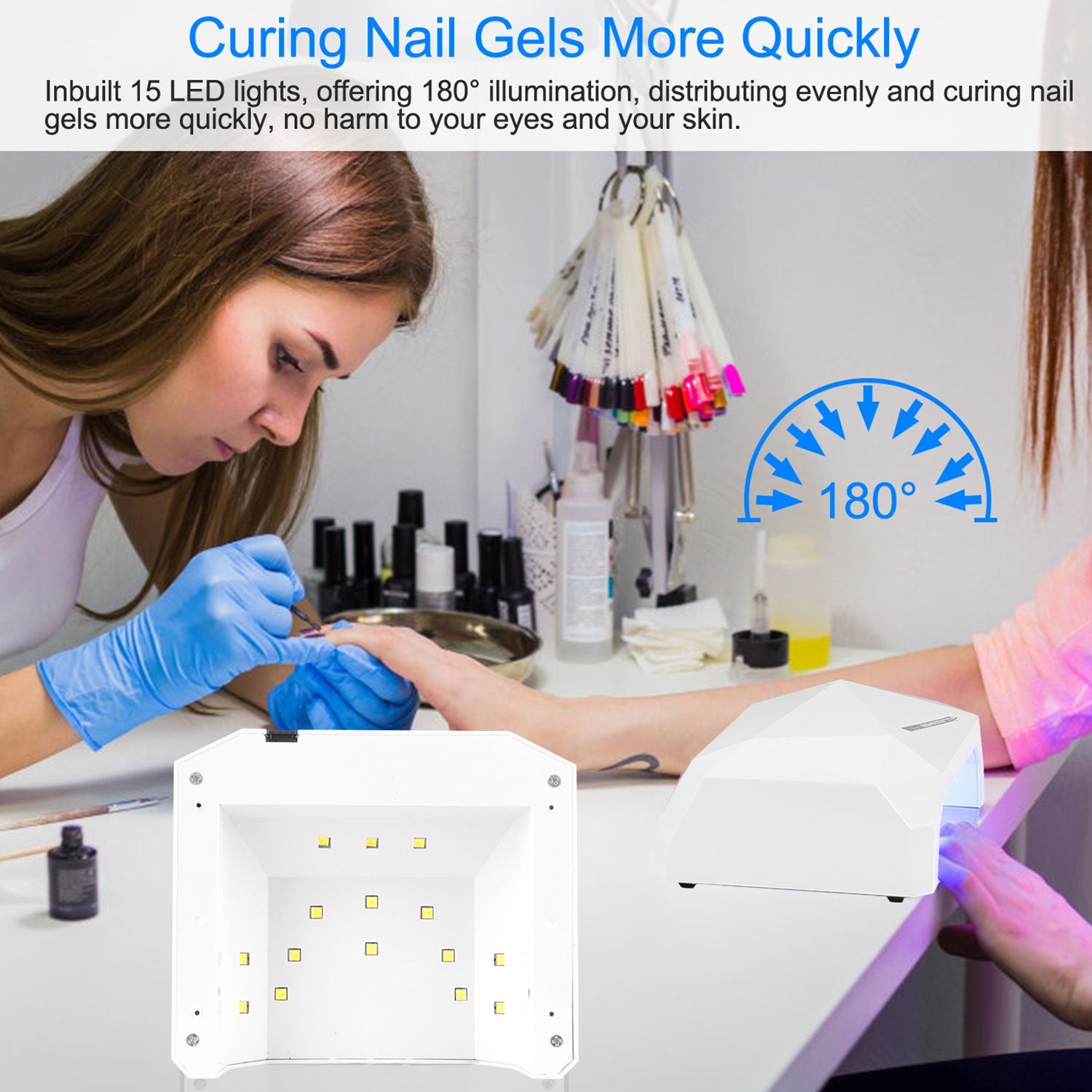 LED nail lamp for quick gel curing, featuring 15 lights for 180° illumination; ideal for professional nail care.