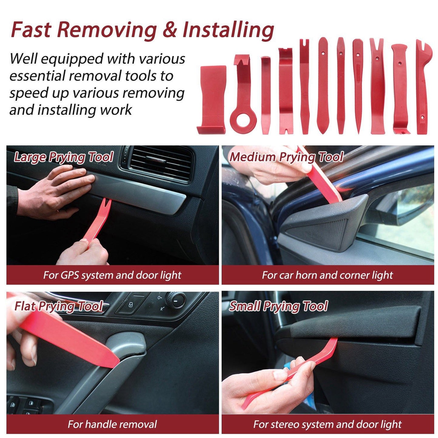 Set of red automotive trim removal tools designed for efficient removal and installation of car components, including GPS systems, door lights, handles, and stereos.