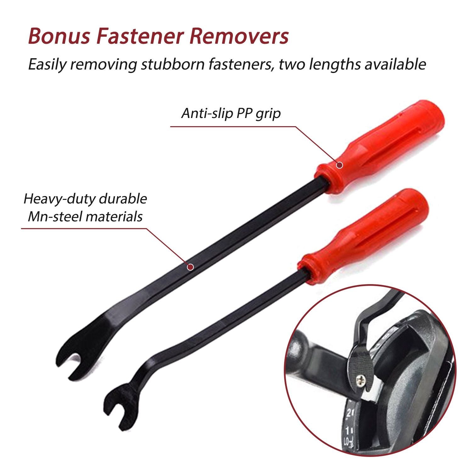 Heavy-duty bonus fastener removers with ergonomic anti-slip PP grips, designed for easy removal of stubborn fasteners, available in two lengths.