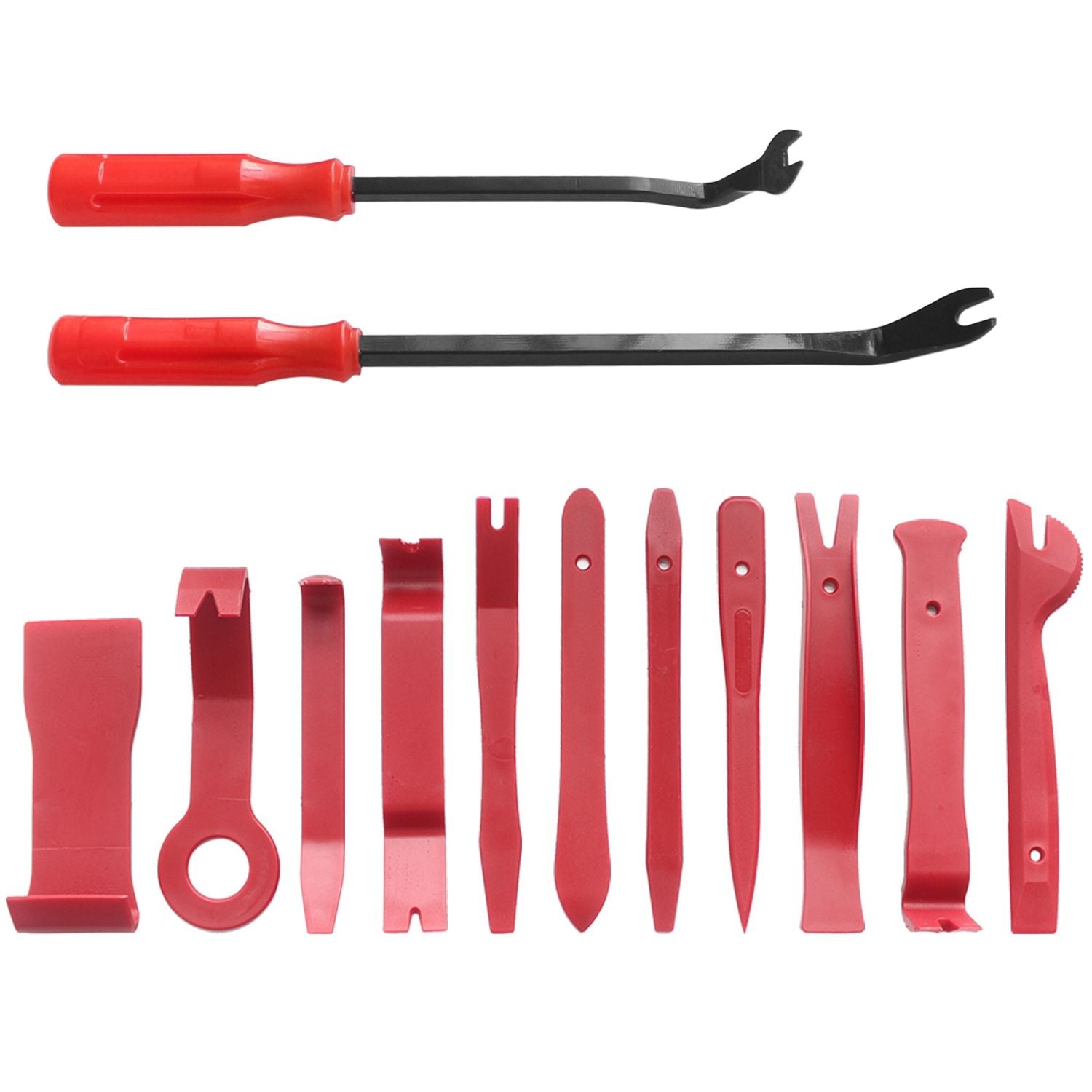 Set of red automotive trim removal tools including two pry bars and ten various plastic tools for easy interior and exterior automotive panel removal.