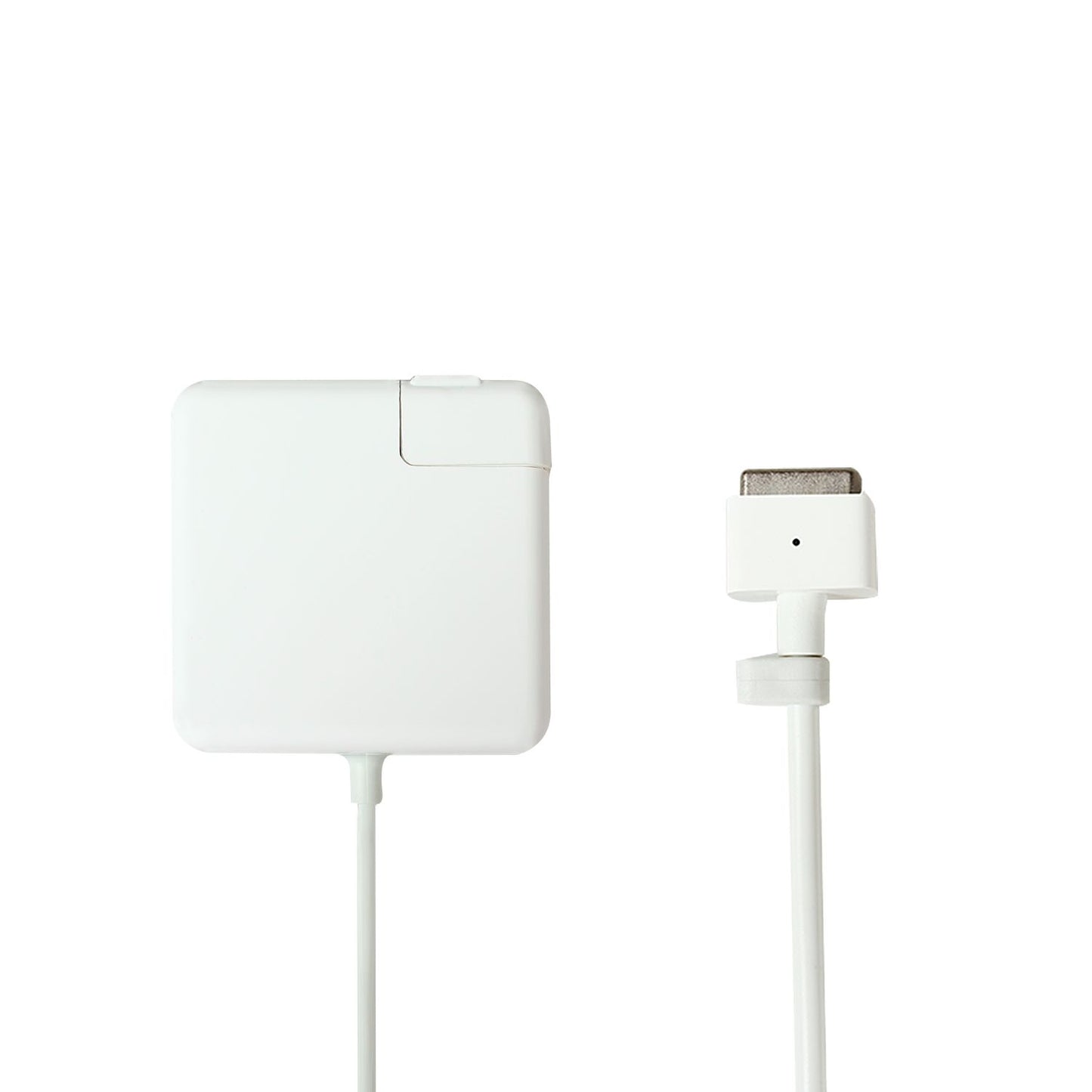 MagSafe laptop charger with a square white power adapter and a magnetic connector cable, designed for efficient charging of Apple laptops.