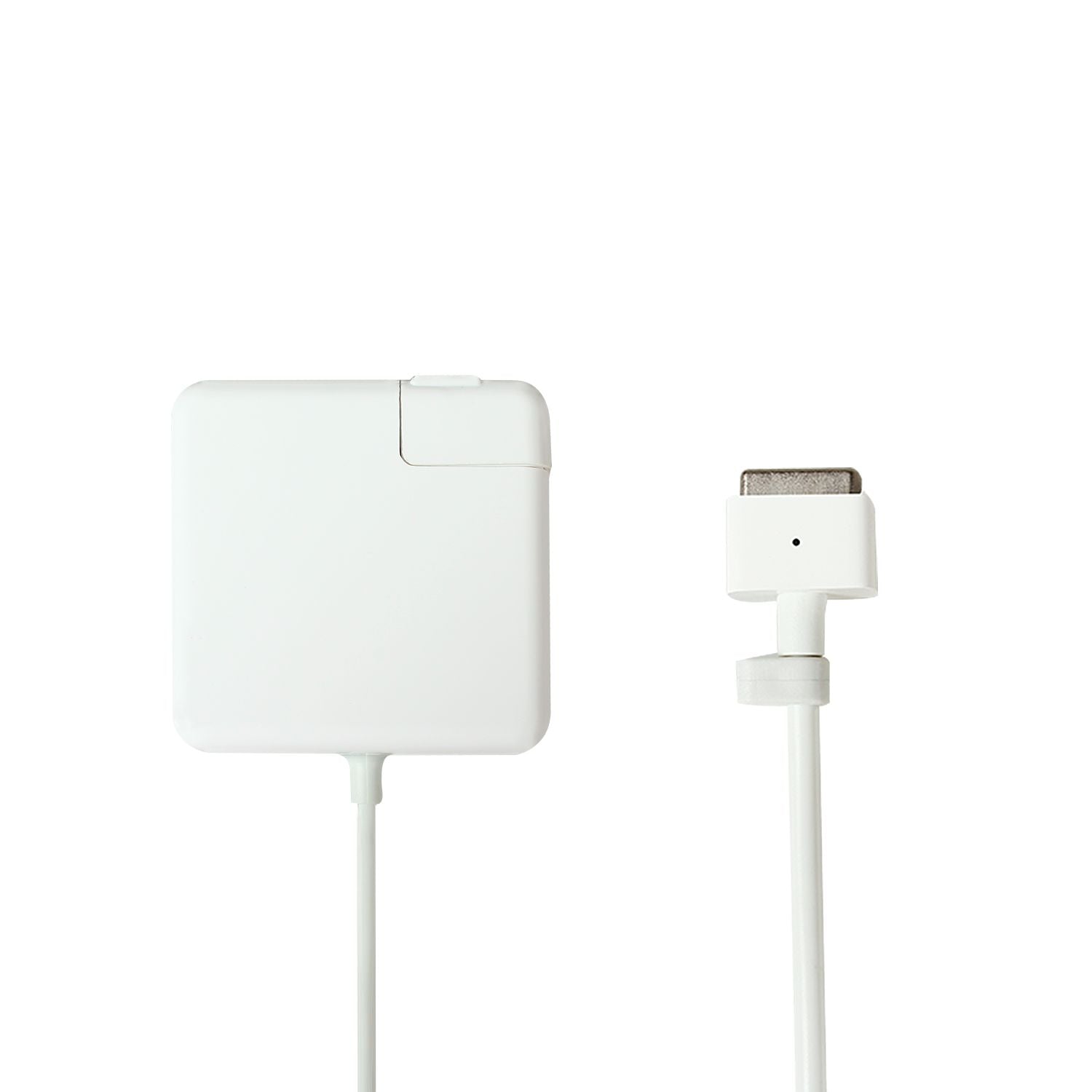MagSafe laptop charger with a square white power adapter and a magnetic connector cable, designed for efficient charging of Apple laptops.