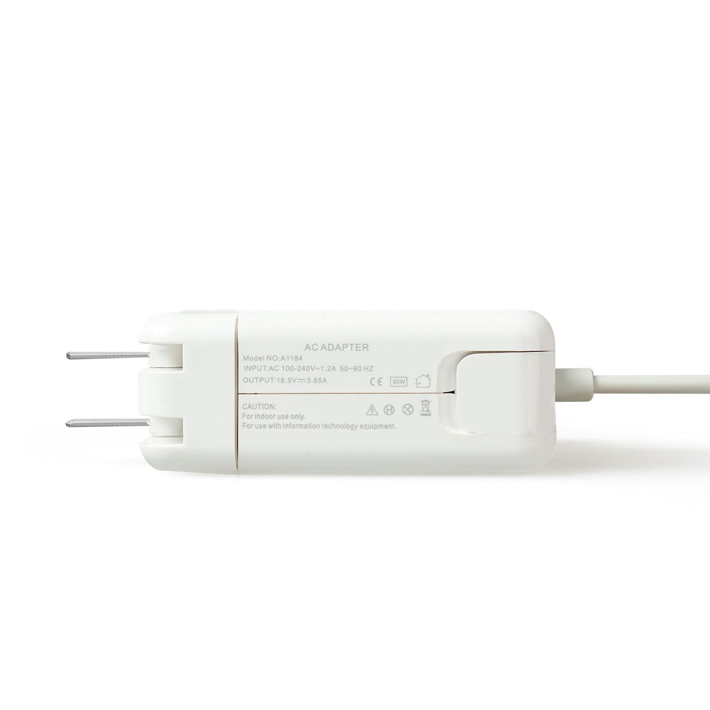 White AC adapter with two prongs, labeled with technical specifications including input and output voltage details, ideal for charging electronic devices indoors.