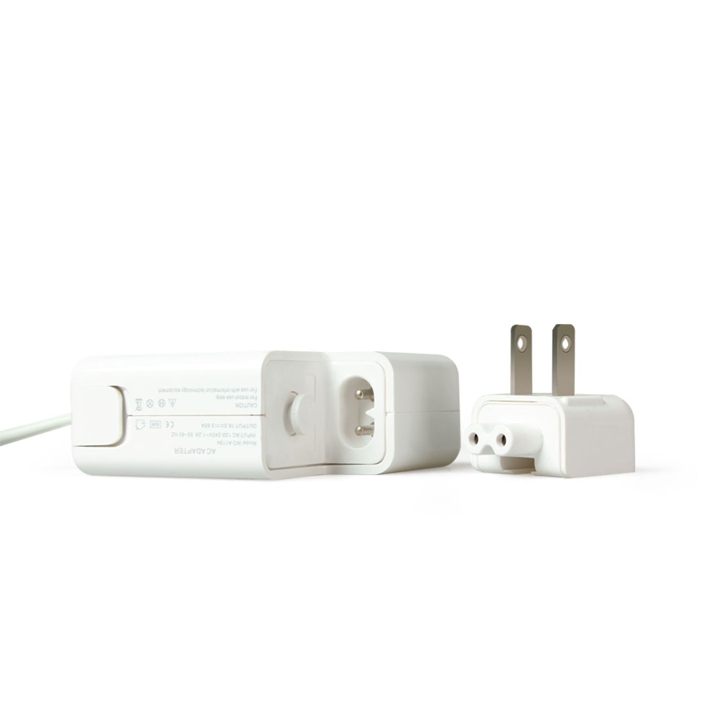White power adapter with detachable plug and electrical specifications printed on the side, designed for charging electronic devices.