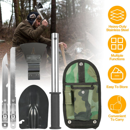 Collapsible multi-tool camping shovel set made of heavy-duty stainless steel with saw, axe, and carrying pouch, ideal for outdoor adventures and easy to store.