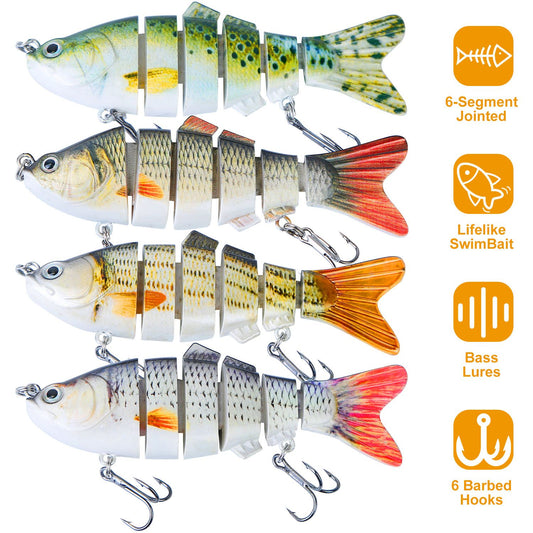 Lifelike 6-segment jointed swim bait fishing lures with realistic designs and six barbed hooks for bass fishing.