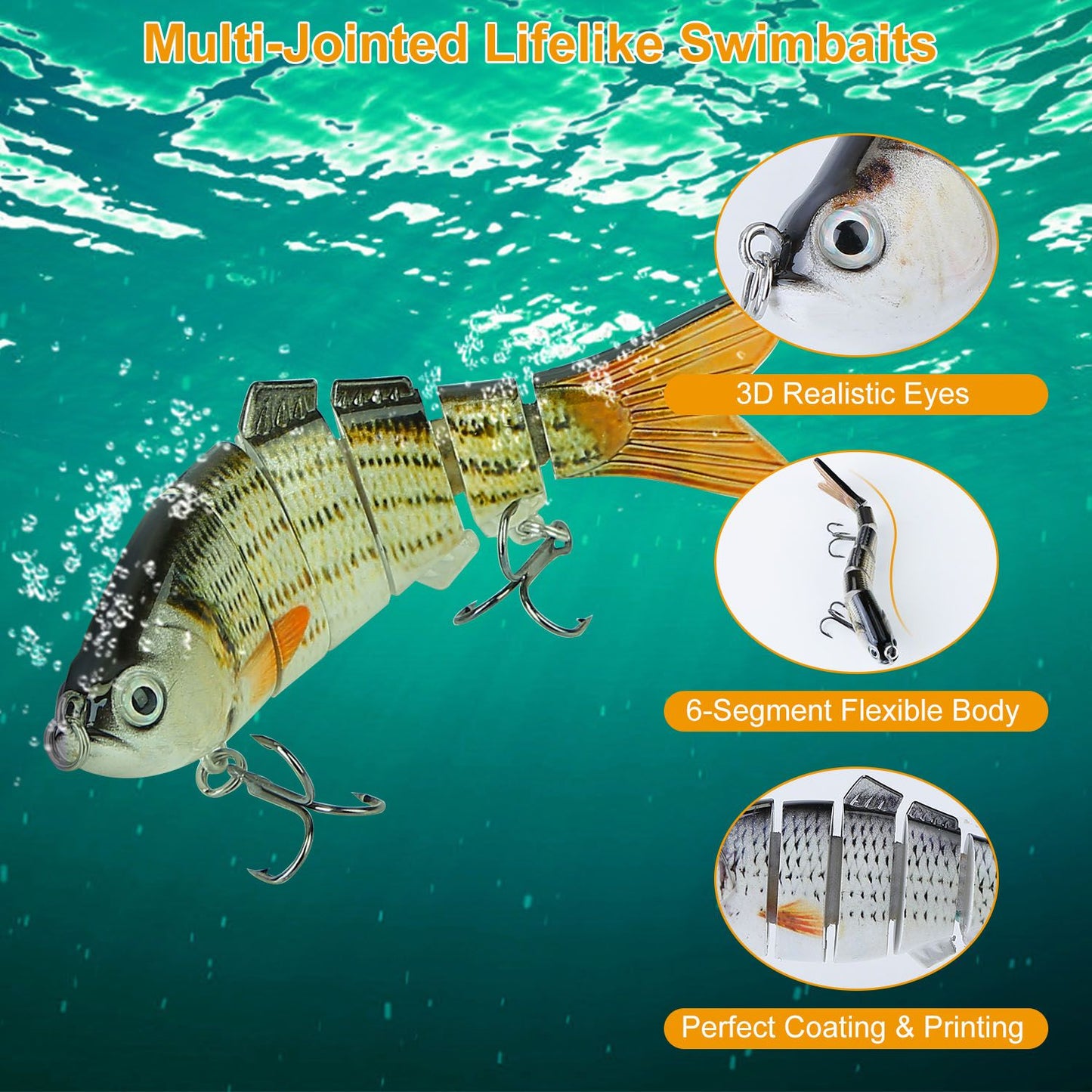 Multi-jointed lifelike swim bait with 3D realistic eyes, flexible 6-segment body, and sharp hooks, designed for effective fishing in water.