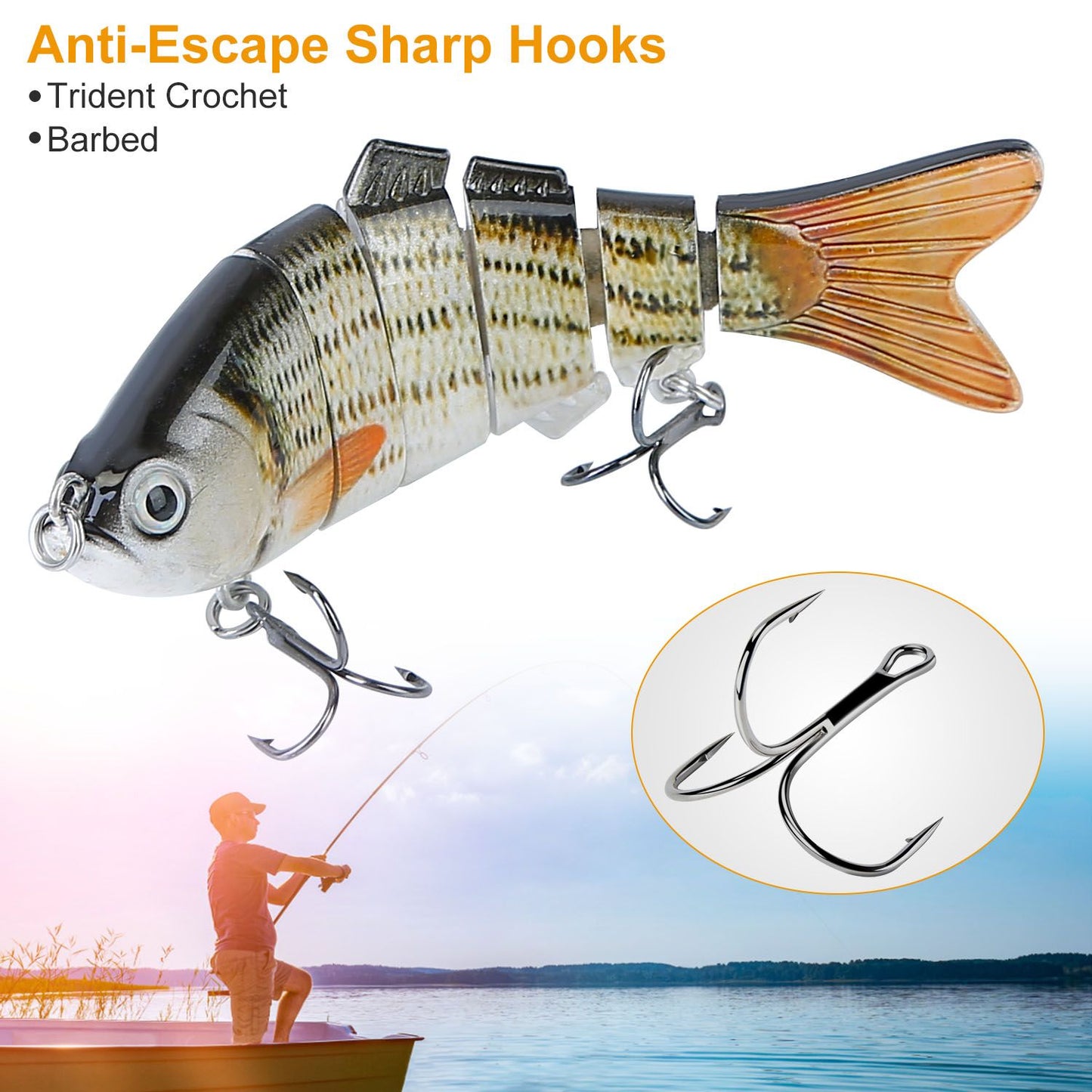 Realistic fishing lure with anti-escape sharp hooks, featuring a trident crochet design, ideal for anglers seeking effective bait options.