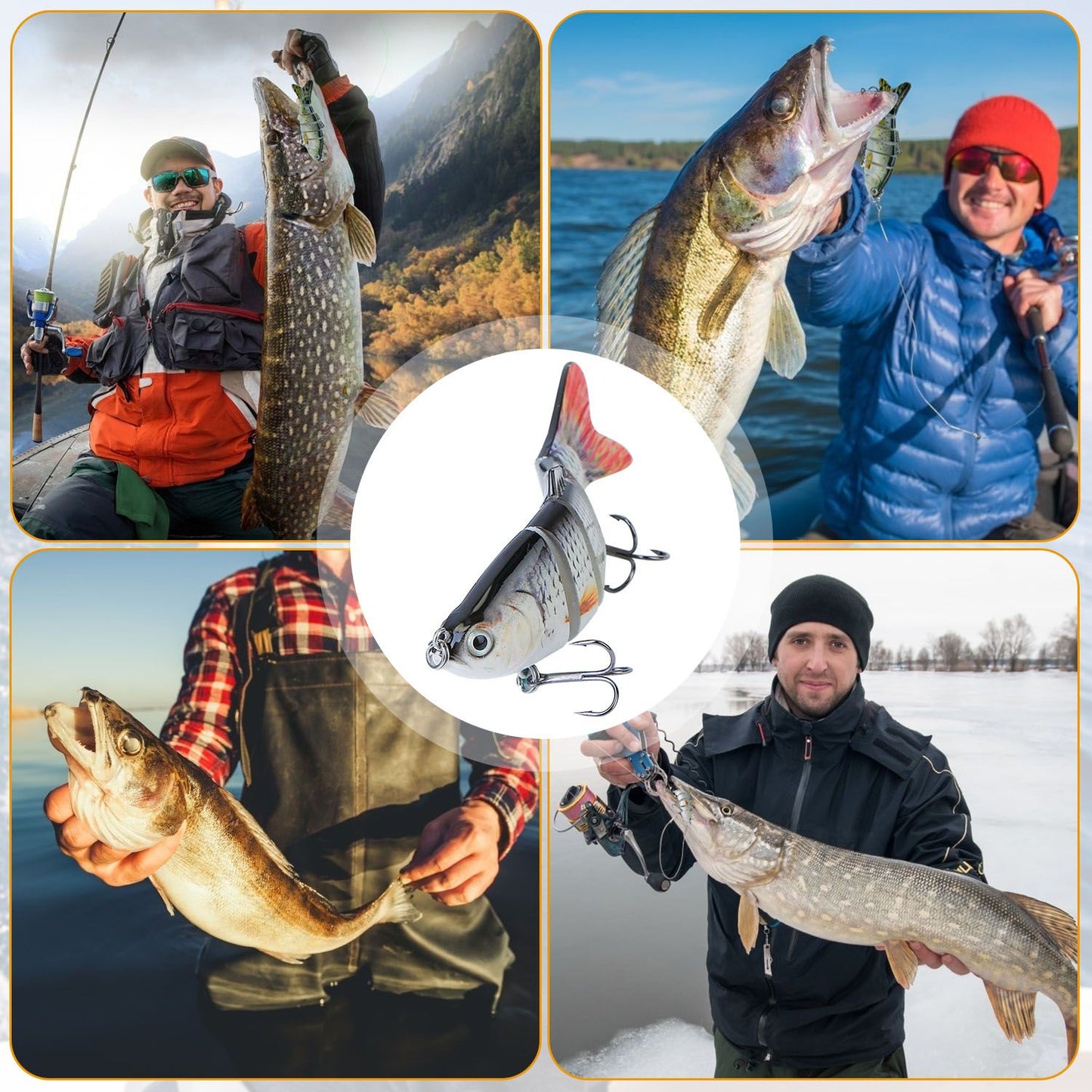 Fishing lures and anglers showcasing their catch, including pike and walleye, in various outdoor fishing settings.