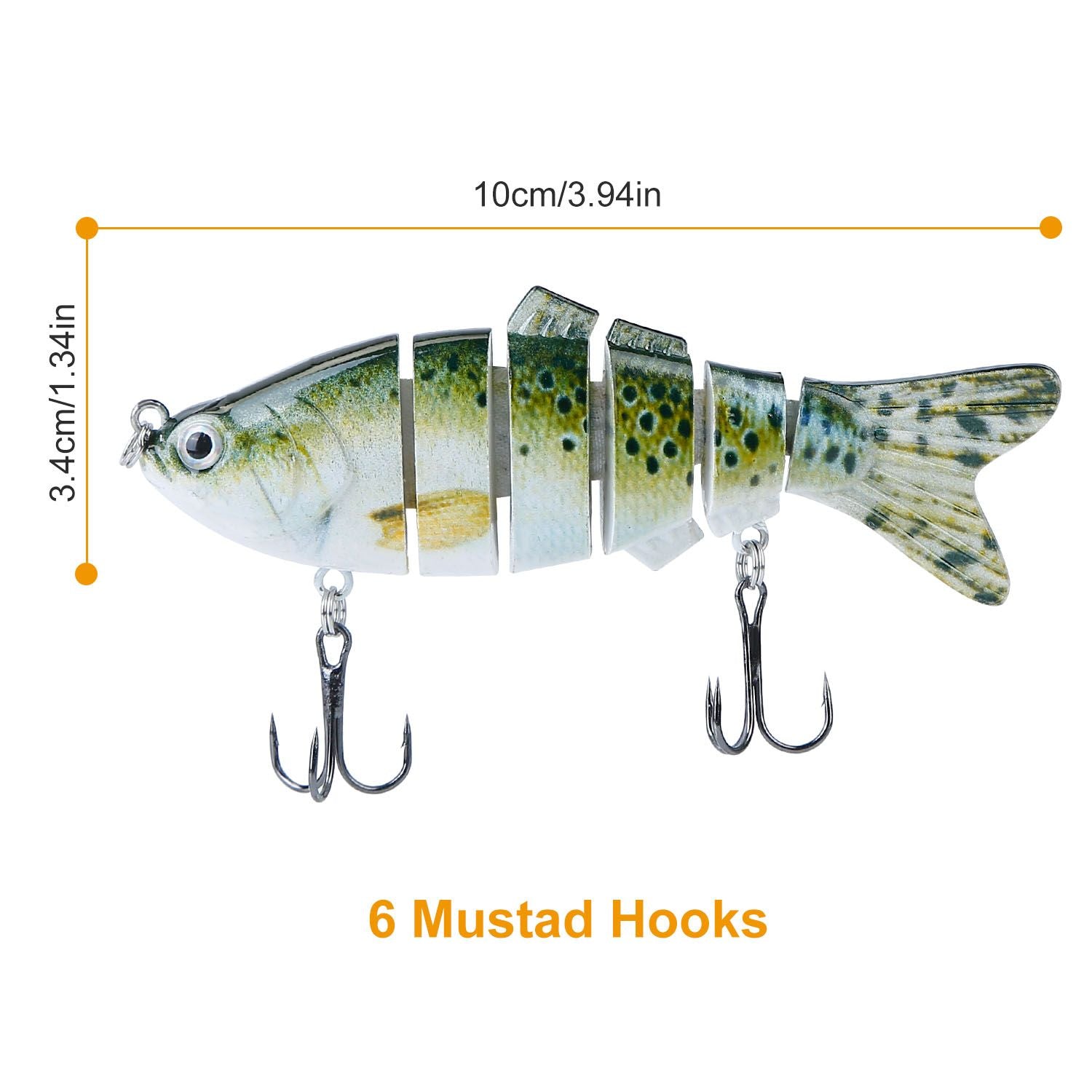 Realistic segmented fishing lure with 6 Mustad hooks, measuring 10 cm (3.94 in) length and 3.4 cm (1.34 in) height, designed for effective fishing.