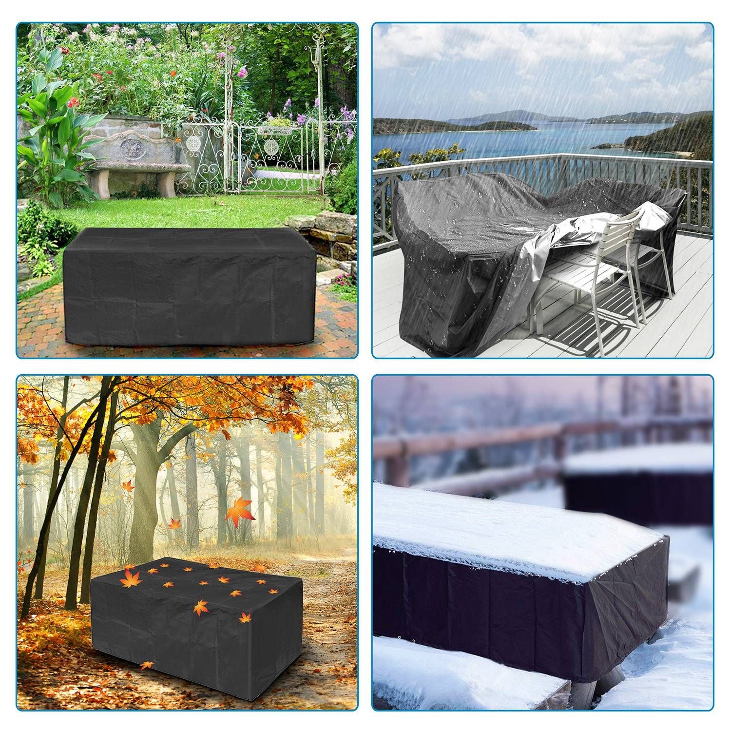 Durable outdoor furniture cover displayed across four seasonal settings: spring garden with flowers, rainy patio, autumn forest with falling leaves, and snowy deck, emphasizing all-weather protection.
