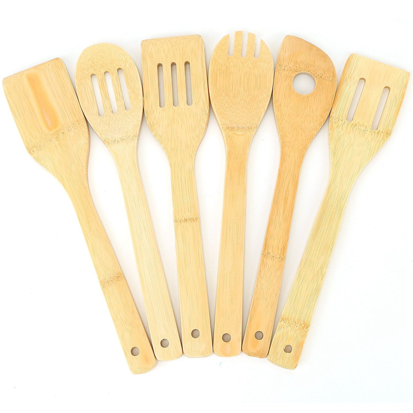 Set of six eco-friendly bamboo cooking utensils including a spatula, slotted spoon, serving fork, and flat turner, arranged neatly on a white background.