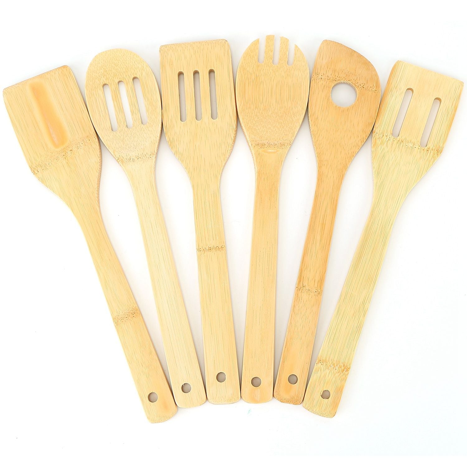 Set of six eco-friendly bamboo cooking utensils including a spatula, slotted spoon, serving fork, and flat turner, arranged neatly on a white background.