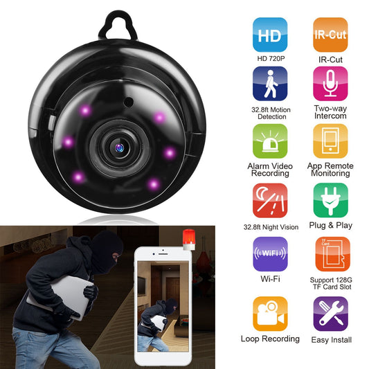 Compact HD security camera with 720P resolution, night vision up to 32.8ft, motion detection, remote app monitoring, and two-way intercom, designed for easy installation and effective surveillance.