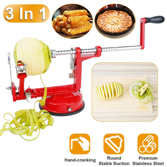 3-in-1 apple peeler, corer, and slicer in vibrant red, featuring a hand-crank design and a sturdy suction base, ideal for creating perfectly sliced apple rings and spiral potatoes.