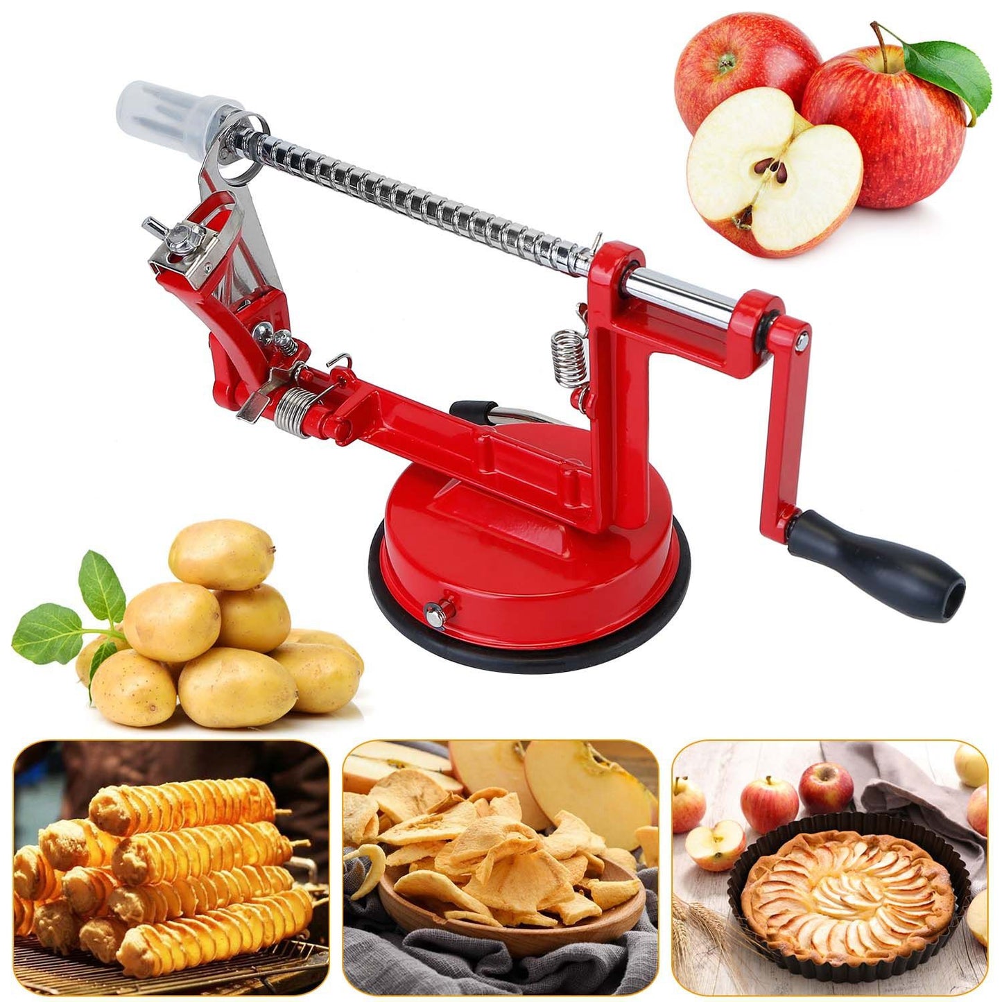 Red manual fruit and vegetable peeler with a sturdy base, surrounded by fresh apples, potatoes, and images of apple pie, spiral potato snacks, and apple chips, highlighting its versatility for kitchen use.