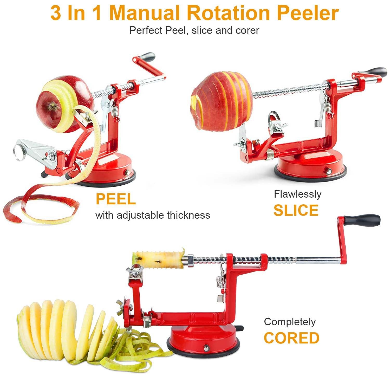 Manual 3-in-1 rotation peeler showing peeling, slicing, and coring functions with an adjustable thickness option, featuring a sturdy red design and clear apple slices.