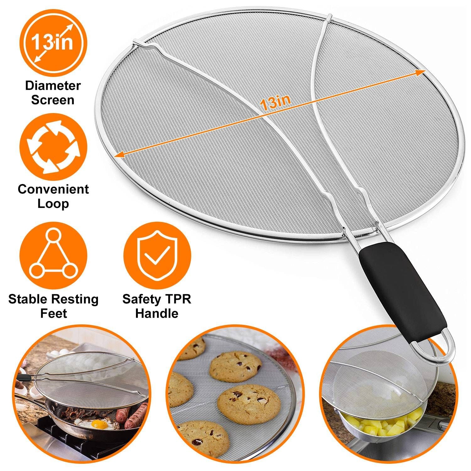 13-inch stainless steel splatter screen with TPR handle and stable resting feet, ideal for frying and cooking, shown with images of its uses in the kitchen.