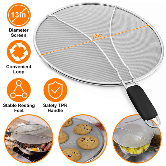 13-inch stainless steel splatter screen with TPR handle and stable resting feet, ideal for frying and cooking, shown with images of its uses in the kitchen.