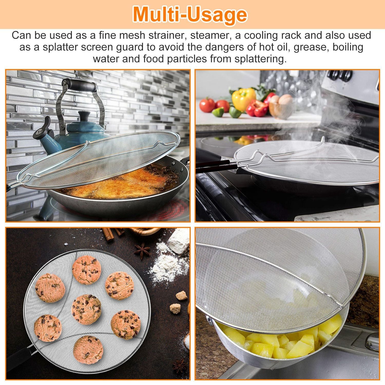 Multi-use kitchen splatter guard and fine mesh strainer, shown in four scenarios: frying food, steaming vegetables, cooling cookies, and preventing splatters.