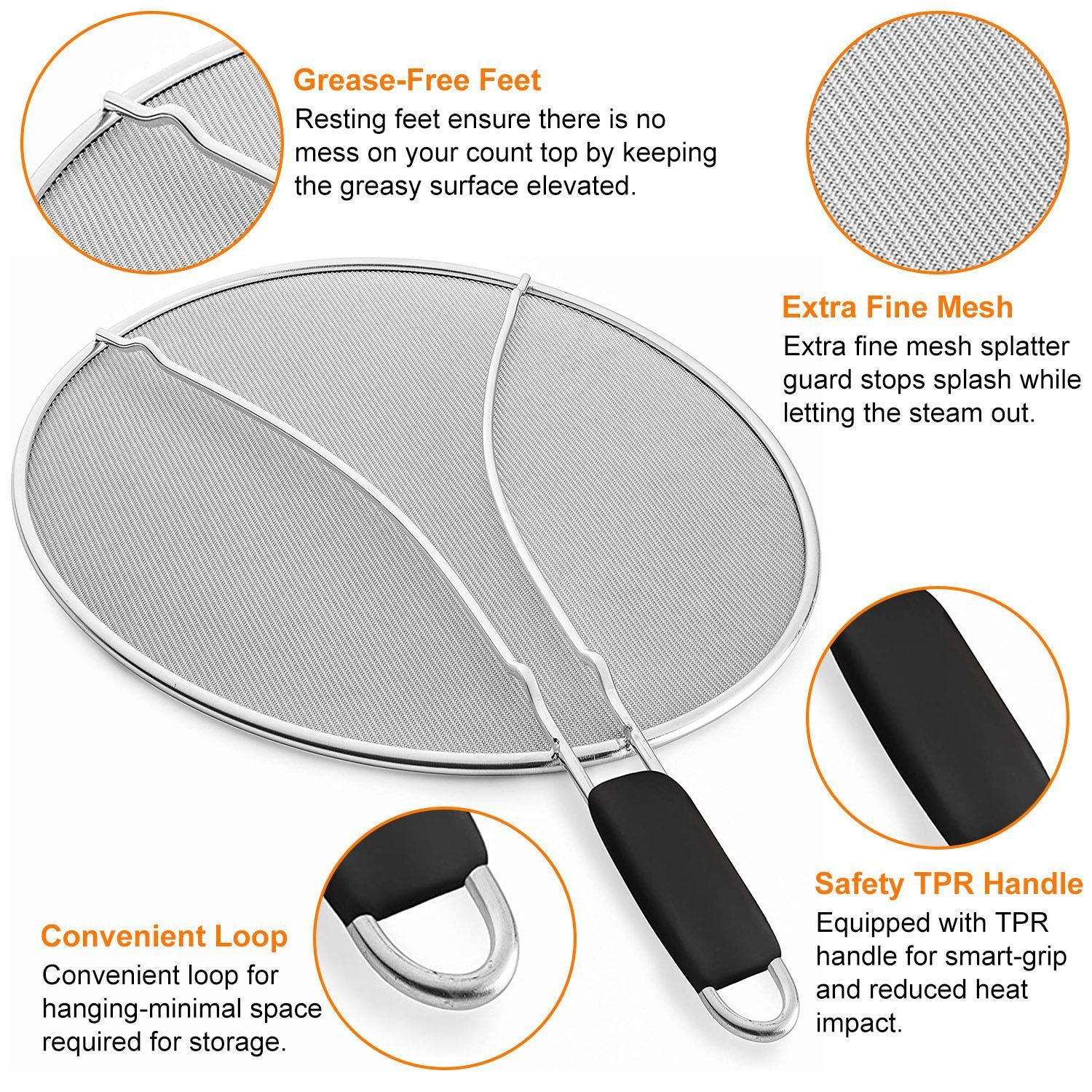 High-quality stainless steel splatter guard with extra fine mesh, grease-free resting feet, convenient hanging loop, and a safety TPR handle for improved grip and heat resistance.