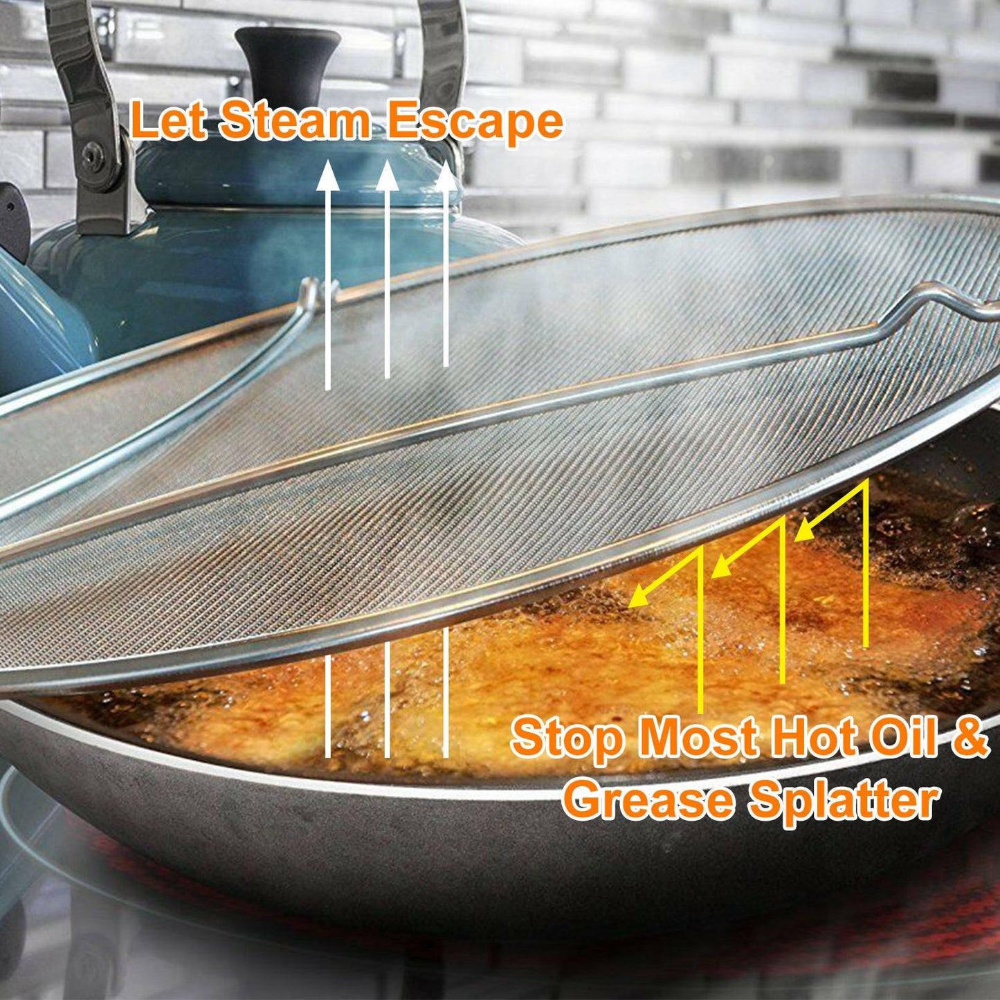 A close-up of a cooking pot with a mesh splatter guard partially covering it, demonstrating steam escape and grease splatter prevention, ideal for frying and cooking safety.
