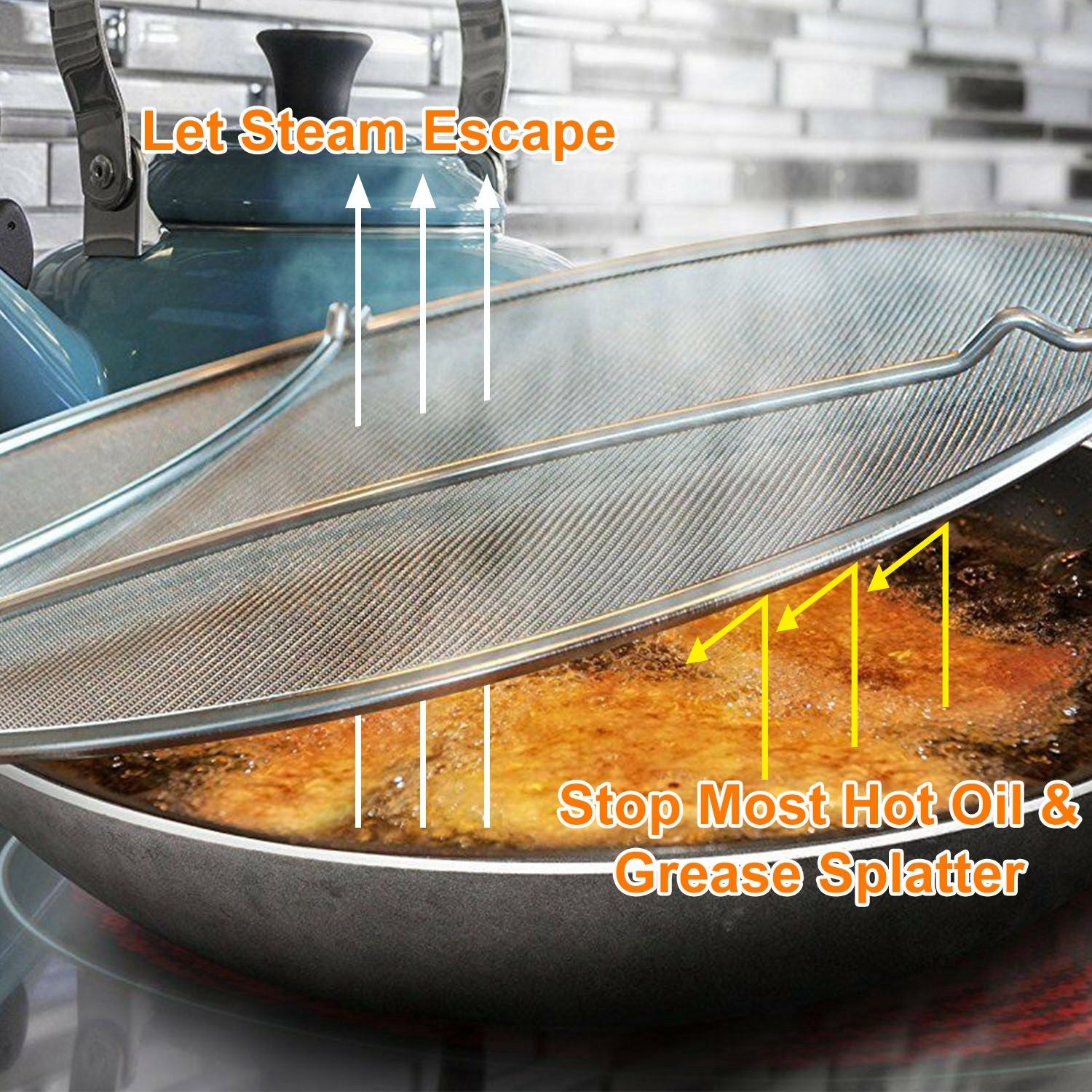 A close-up of a cooking pot with a mesh splatter guard partially covering it, demonstrating steam escape and grease splatter prevention, ideal for frying and cooking safety.
