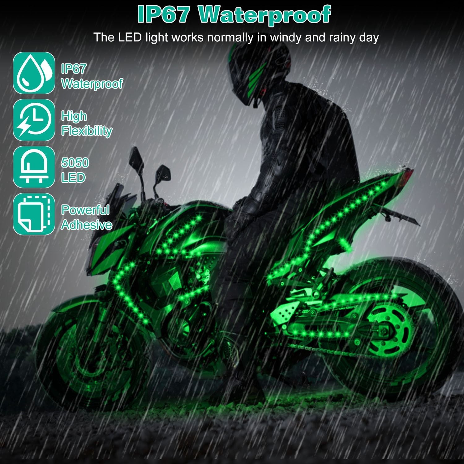 LED motorcycle lights with IP67 waterproof rating, glowing green under rain, showcasing high flexibility and powerful adhesive for durability.