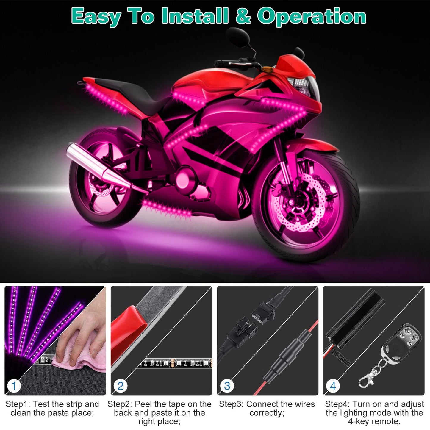 Illustration of a motorcycle with vibrant pink LED lights, showcasing easy installation steps for neon strip lighting with a 4-key remote control for adjustable lighting modes.
