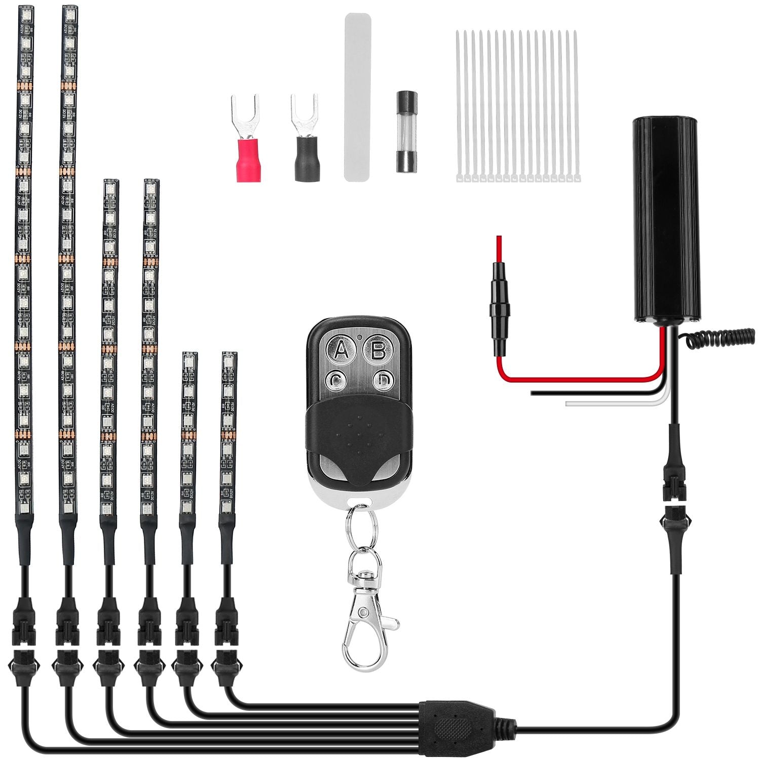 LED light strip kit with remote control and installation accessories, including connectors, fuse, and mounting clips.