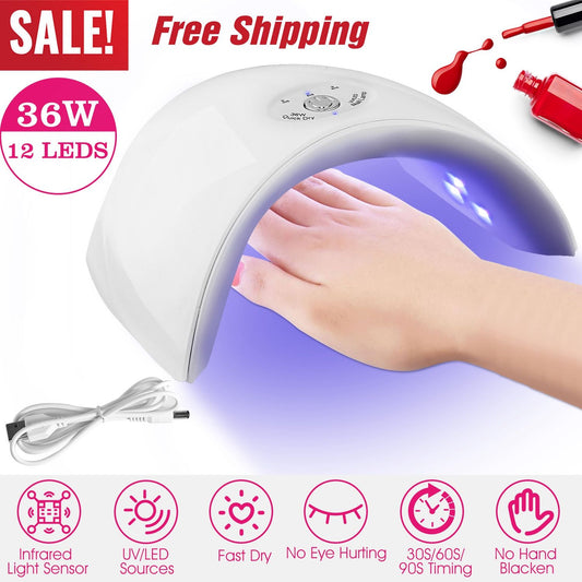 36W UV LED nail lamp designed for quick drying of polish, featuring 12 LED lights, infrared sensor, and user-friendly timer settings for 30, 60, or 90 seconds.