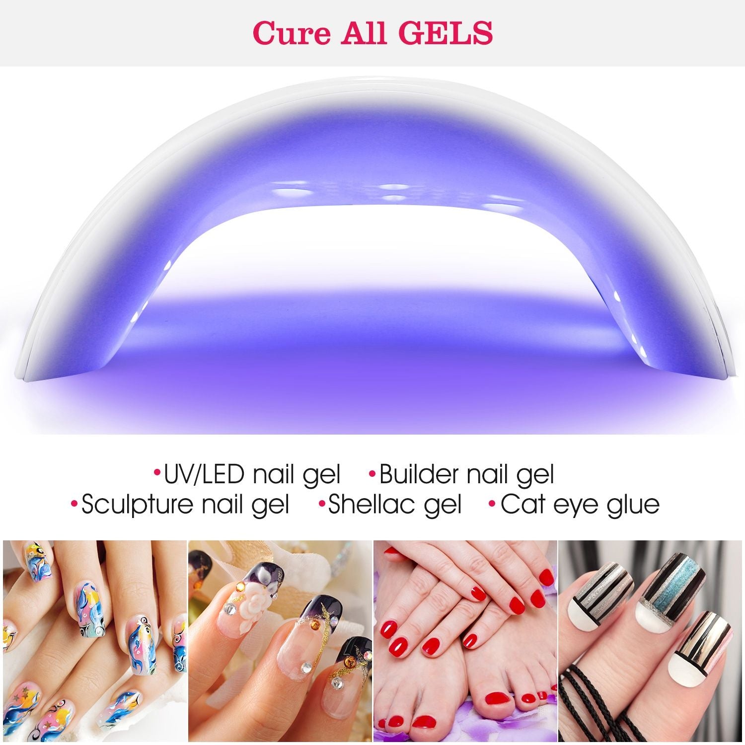 UV LED nail lamp designed for curing all types of gel nail products, including builder, sculpture, and shellac gels, features a sleek white and purple design, with images of beautifully manicured nails showcased below.