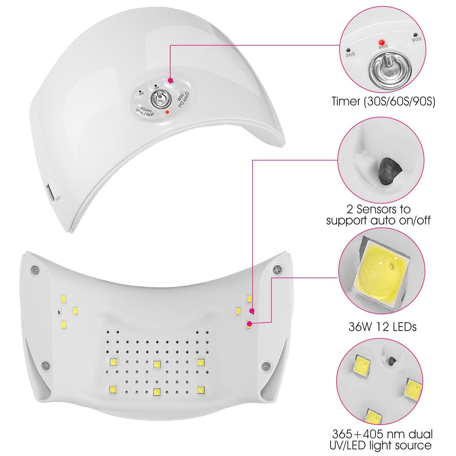 White UV LED nail lamp featuring a 36W power output, 12 LED lights, adjustable timer settings (30/60/90 seconds), and dual wavelength technology (365+405 nm) with auto on/off sensors for convenient use.