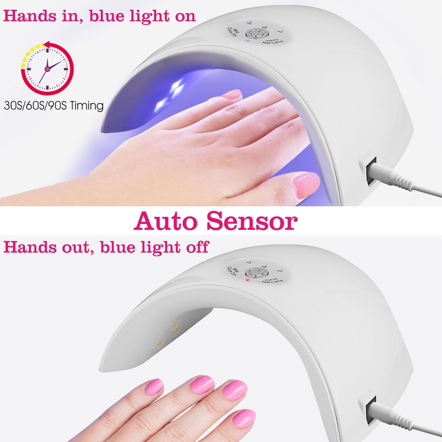 LED nail lamp with auto sensor feature displaying a hand inside the lamp, blue light on for curing nails, and controls indicating 30/60/90 second timing options.