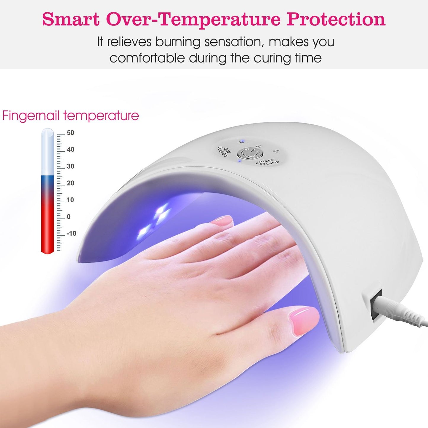 White UV nail lamp curing a hand with pink nails, featuring smart over-temperature protection for a comfortable experience during drying.