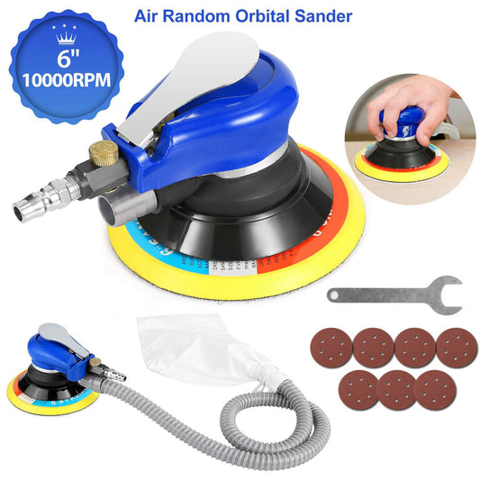 6-inch air random orbital sander with 10,000 RPM, featuring a blue handle, sanding pad, vacuum hose, a wrench, and six sanding discs, ideal for efficient sanding and surface finishing.