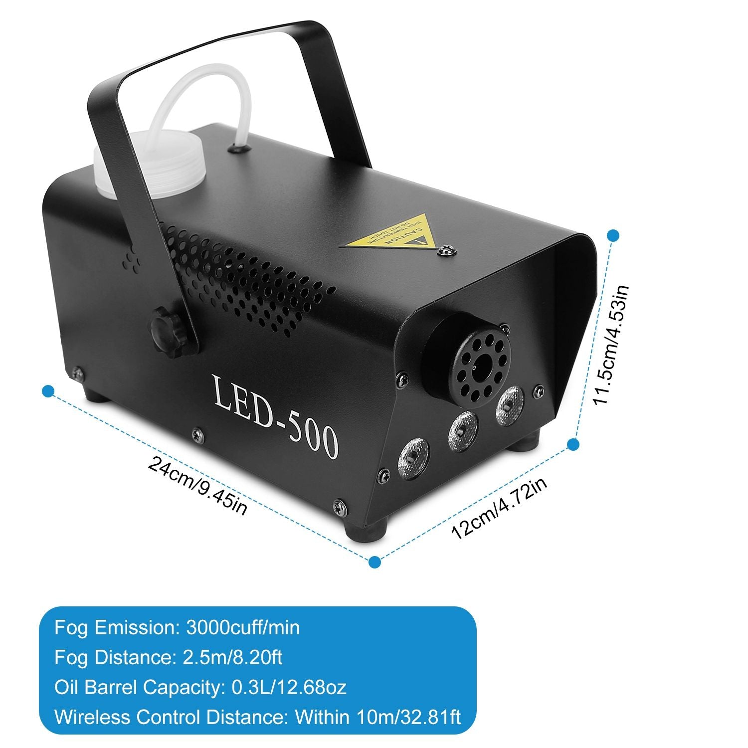 LED-500 fog machine with a sleek black design, featuring adjustable fog emission of 3000cuft/min, 2.5m fog distance, 0.3L oil barrel capacity, and wireless control range of up to 10m, ideal for events and entertainment.