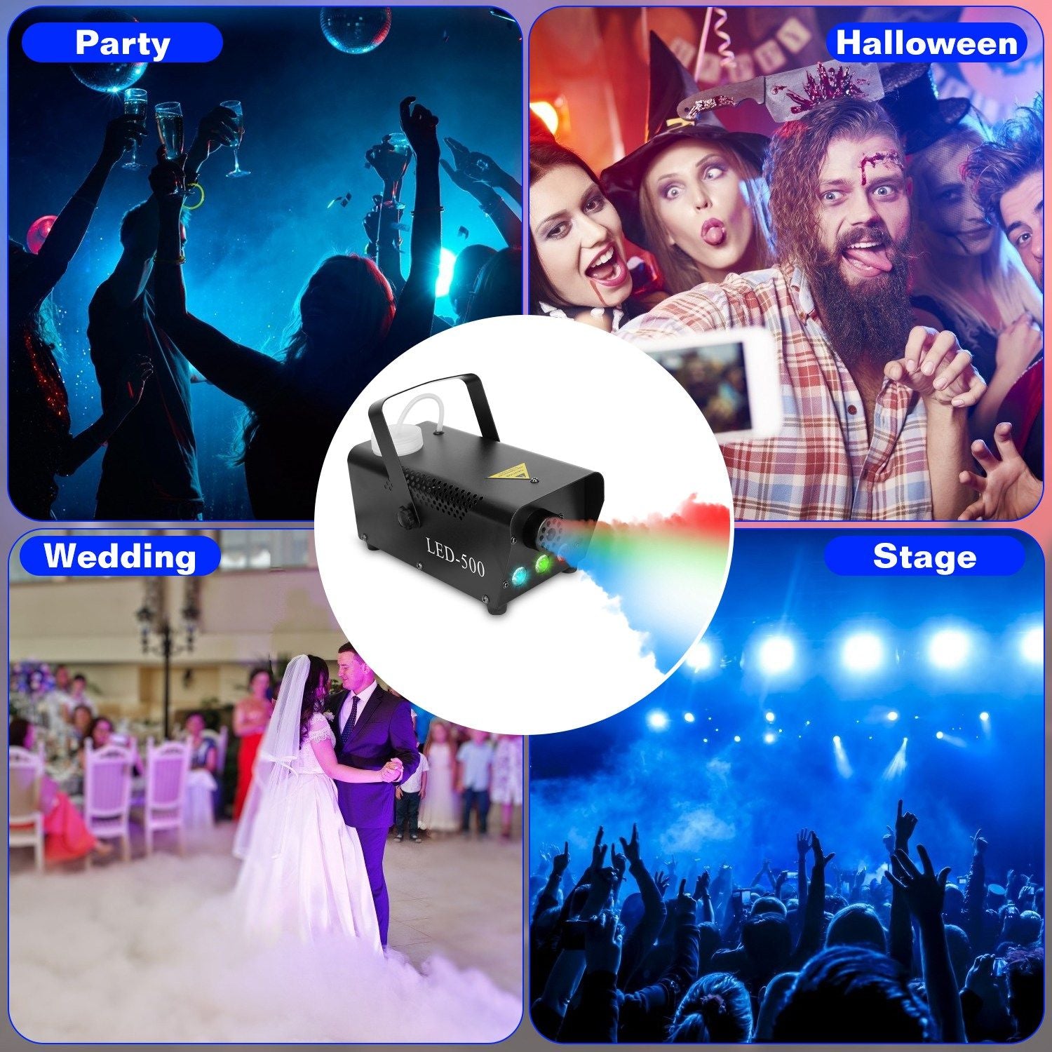 LED-500 stage fog machine showcased at a party, wedding, Halloween celebration, and concert, enhancing ambiance with colorful smoke effects.