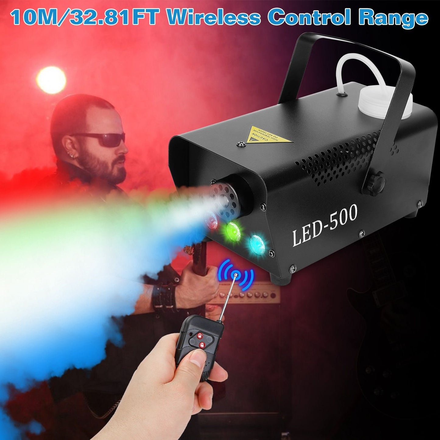 LED-500 smoke machine with wireless remote control, producing colorful fog effects in red, green, and blue, perfect for parties and events.