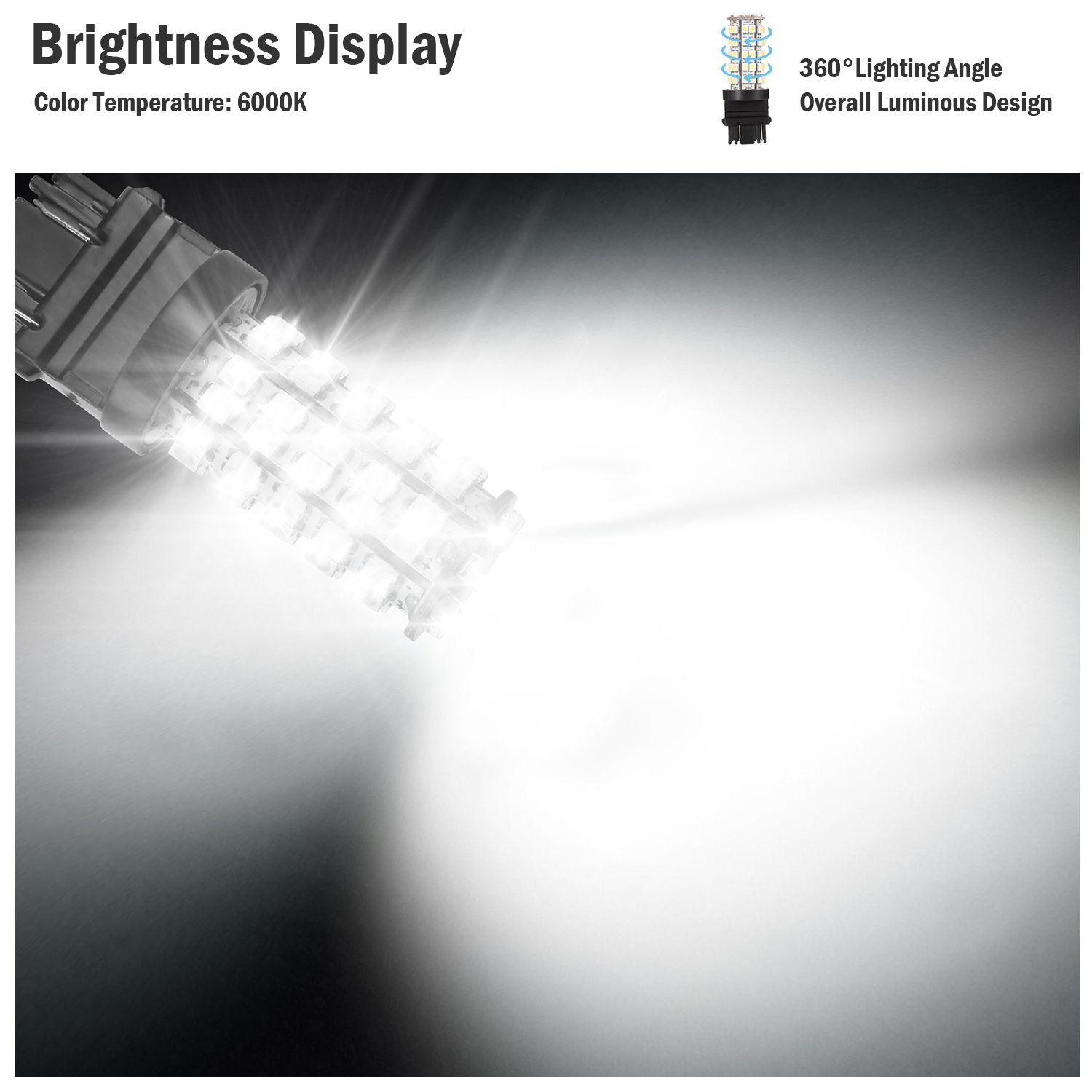 LED light bulb showing 6000K color temperature with a 360° lighting angle, emitting bright white light in a luminous design.