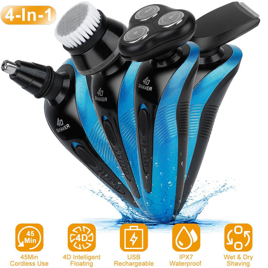 4-in-1 electric shaver featuring three shaving heads, a nose hair trimmer, and a facial cleansing brush, designed for wet and dry use with a waterproof rating of IPX7, USB rechargeable, and up to 45 minutes of cordless operation.