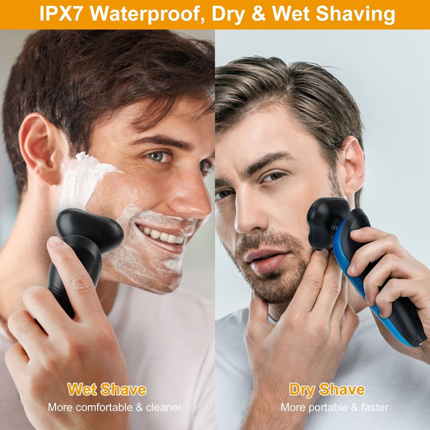 IPX7 waterproof electric shaver showcasing both wet and dry shaving options for versatile grooming, highlighting comfort and efficiency.