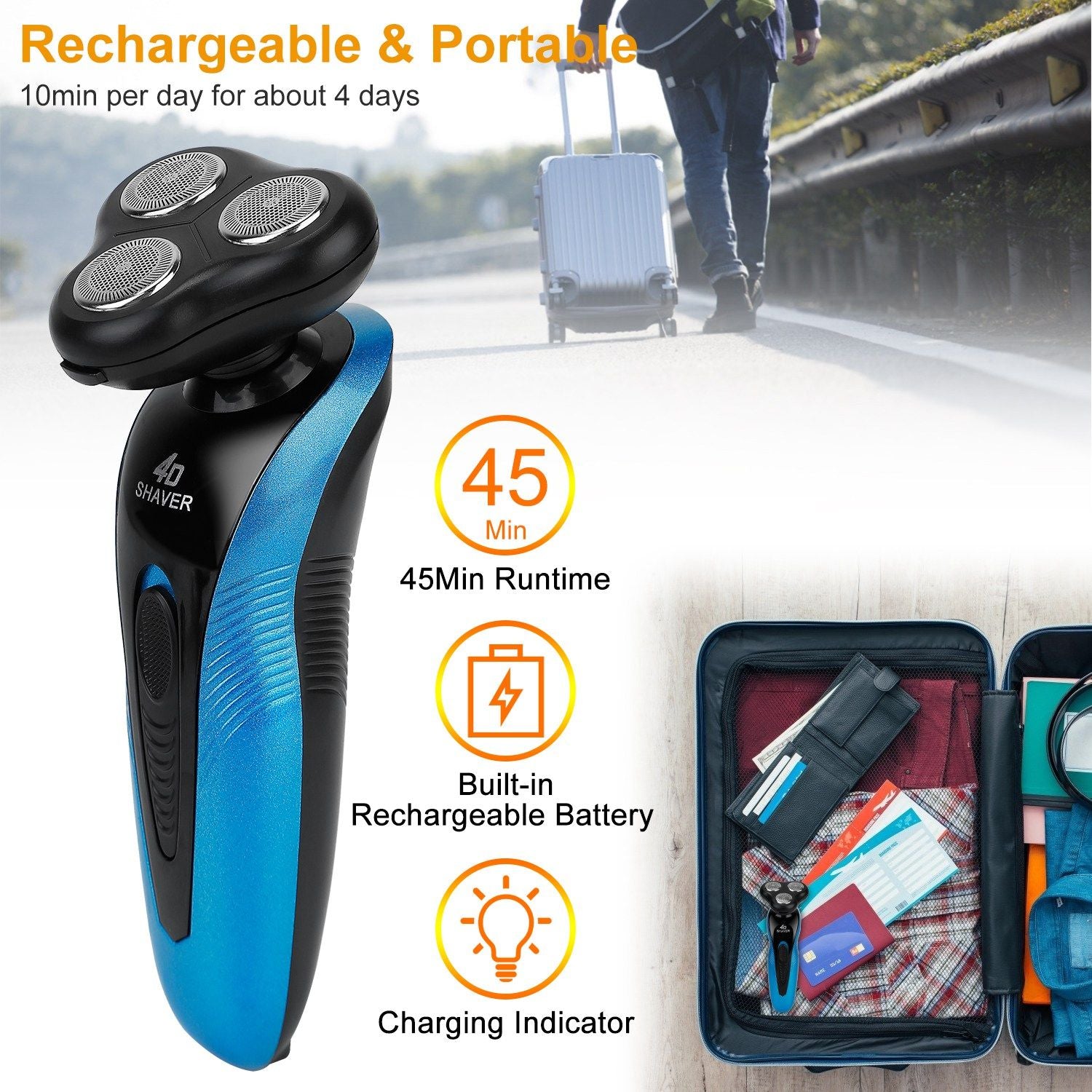Portable electric shaver with triple blade head, rechargeable battery, 45 minutes of runtime, and charging indicator, perfect for travel and on-the-go grooming.