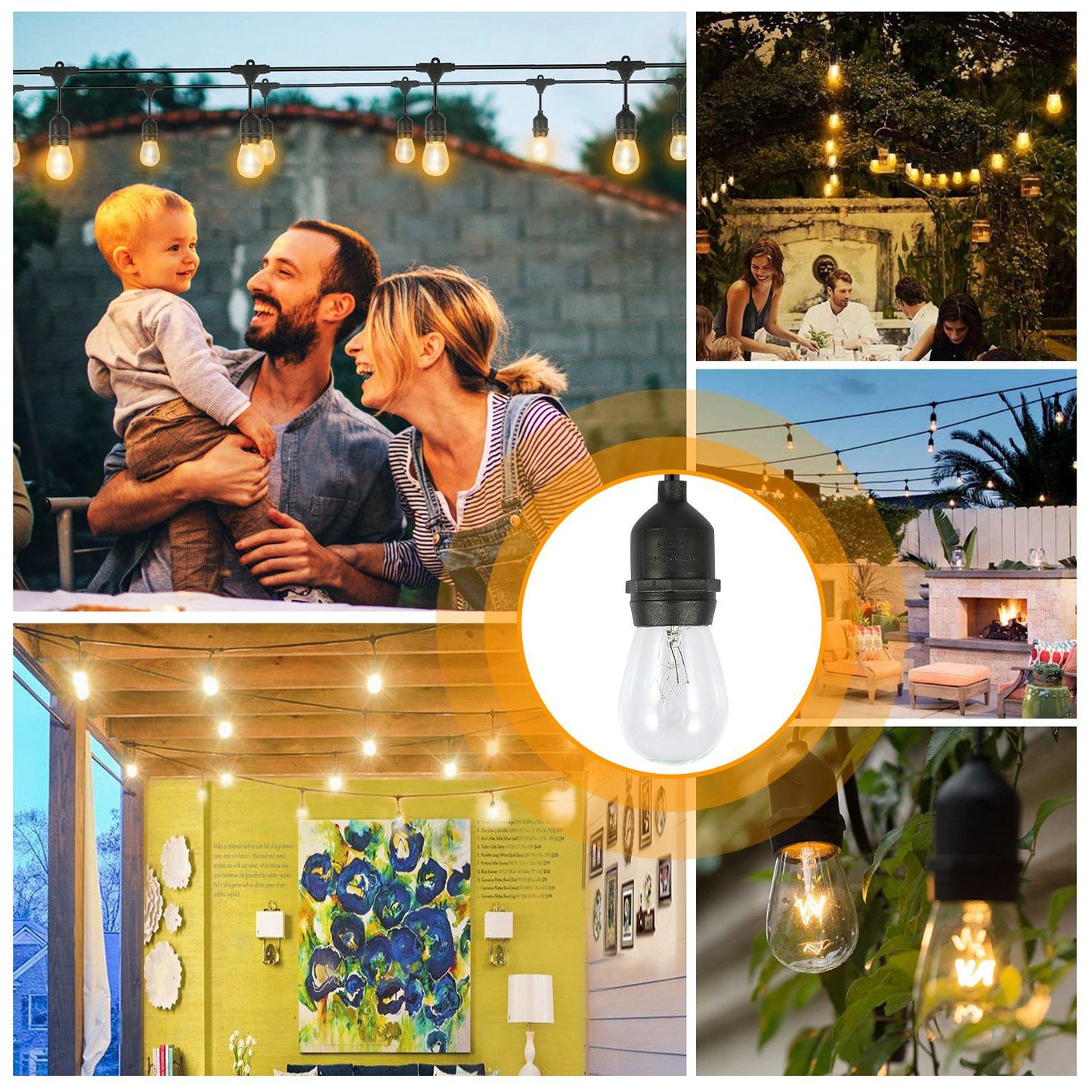 Hanging string lights showcasing various outdoor and indoor settings, enhancing atmosphere with warm, decorative illumination. Central focus on a black socket with a clear bulb, ideal for gatherings and cozy home decor.