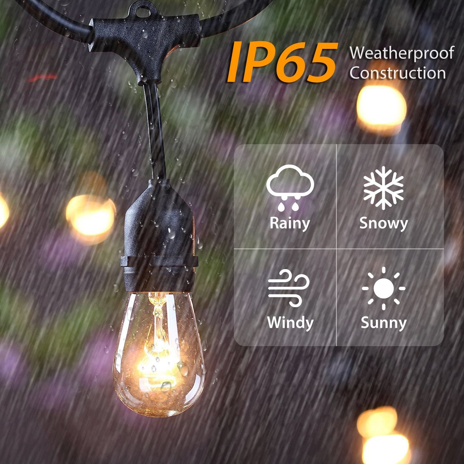 IP65 weatherproof outdoor string lights with a warm bulb illuminated in rain, featuring icons for rainy, snowy, windy, and sunny conditions.