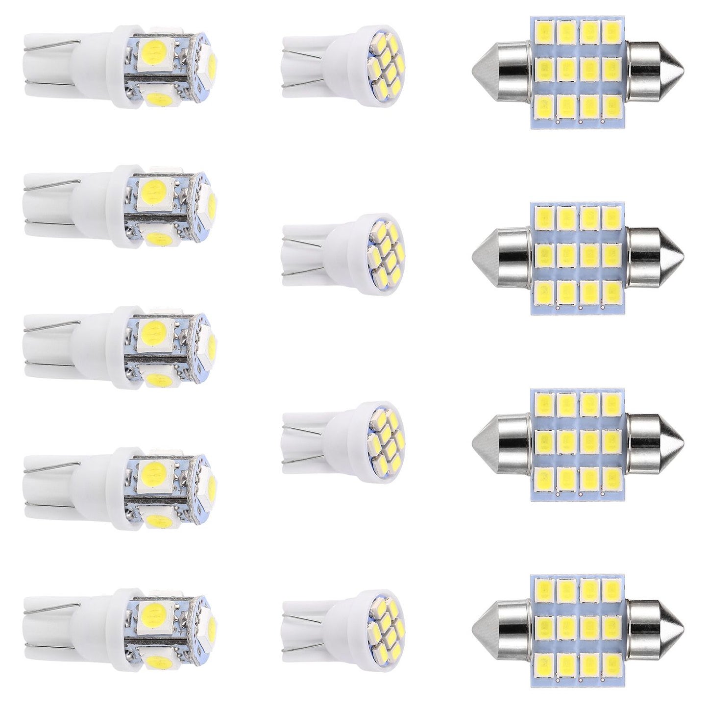 LED car light bulb assortment featuring different sizes and styles, including T10 and festoon types, designed for enhanced brightness and energy efficiency.